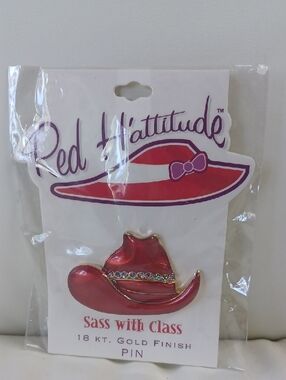 New In Pkg Red H'attitude Cowboy Hat Pin With Rhinestones and 18k Gold Finish